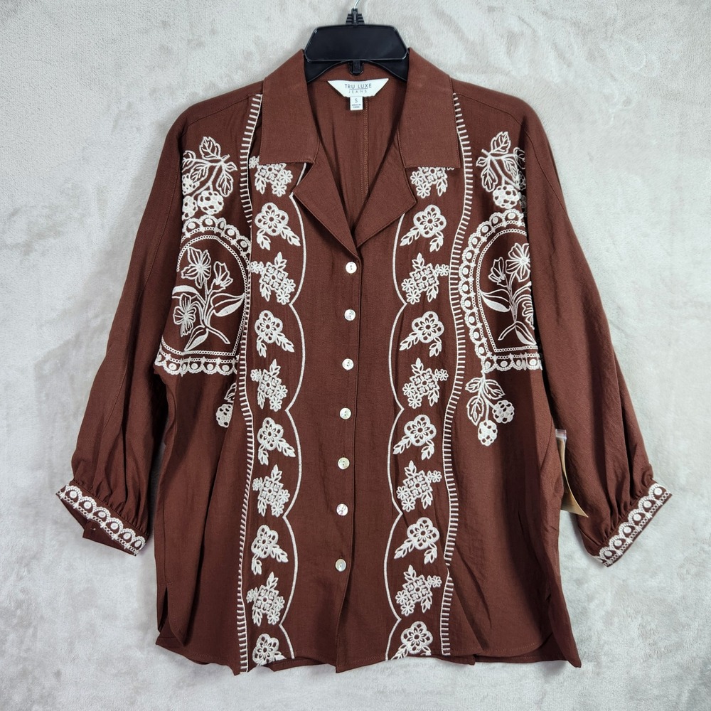 Tru Luxe Jeans Button Down Shirt Women Small Brown Floral Embroidered Western